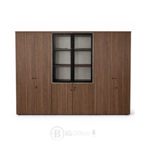 Bibliothèque Bureau en Bois 240 cm avec Vitrine Centrale et Rangement Sécurisé