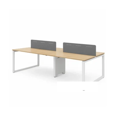 Bureau multiposte 4 places – Plateau bois clair, structure métallique blanche et séparations grises