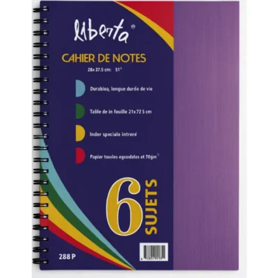 Cahier de notes Liberta 6 sujets 288 pages - Petits carreaux 5×5 mm