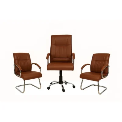 Ensemble de Chaise – Fauteuil Direction + 2 Chaises Visiteurs en Similicuir Marron