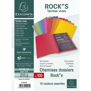 Chemises dossiers Exacompta Rock's teintes vives 210g A4 - Paquet de 100
