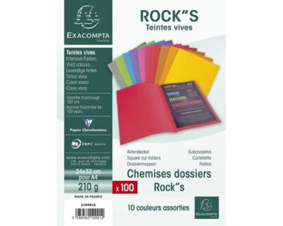 Chemises dossiers Exacompta Rock's teintes vives 210g A4 - Paquet de 100